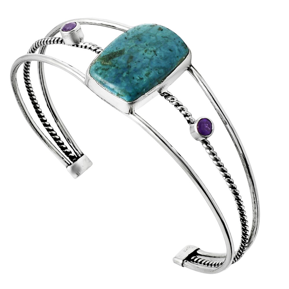 Premium Shattuckite & Amethyst 925 Silver Cuff Bangle Bracelet Jewelry B-1011