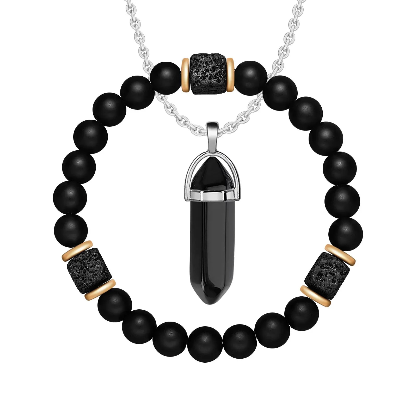 Black Agate Magnetic Necklace Bracelet Set 8mm Natural Stone Beads 7.3in Unisex