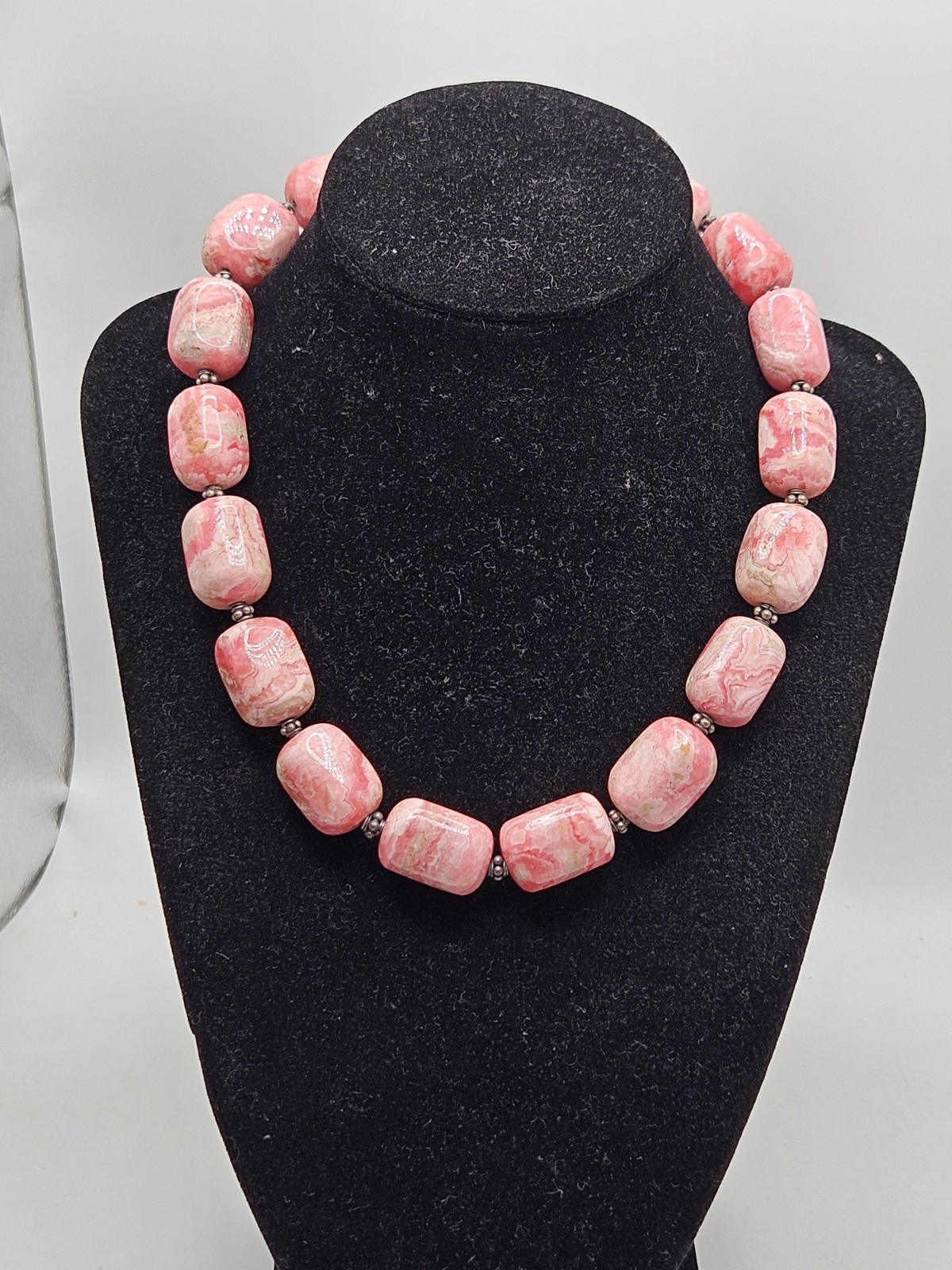 Hand Crafted Rhodochrosite Chunky Beaded Statement Necklace W/ Sterling…