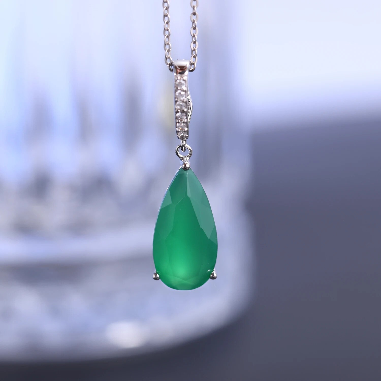 Pear 7.89Ct Natural Green Agate Water Drop 925 Silver Pendant Necklace Gift