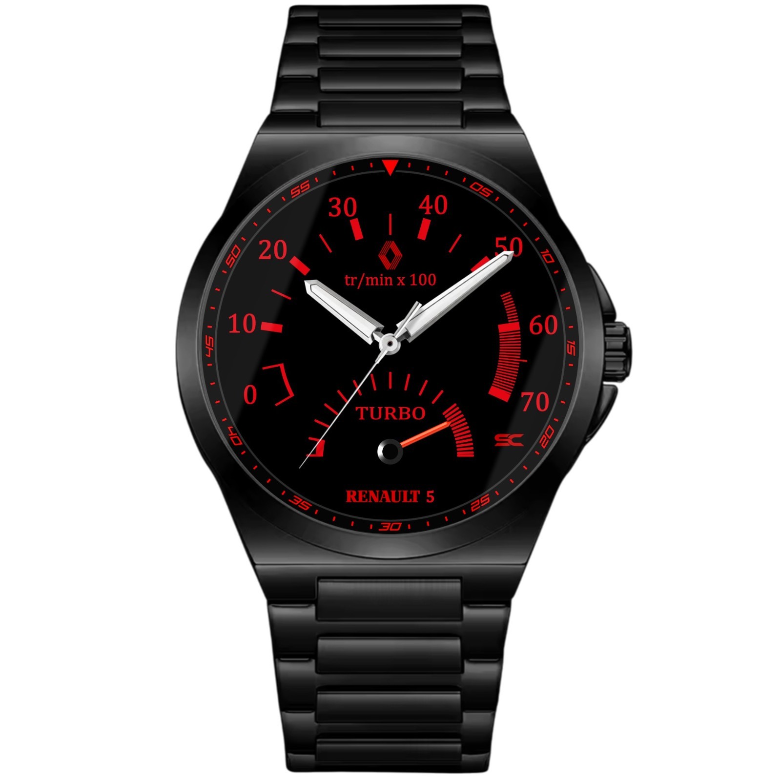 Renault Super 5 GT Turbo Sport Black Steel Tachometer Wrist Watch