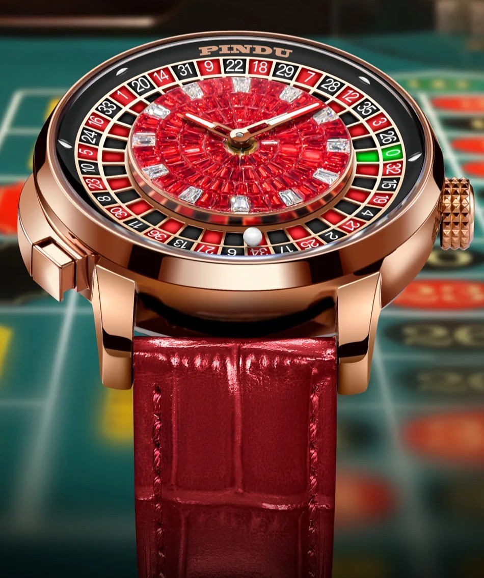 PINDU Men’s Automatic Watch 46mm Casino Roulette Leather Strap Dress Watch