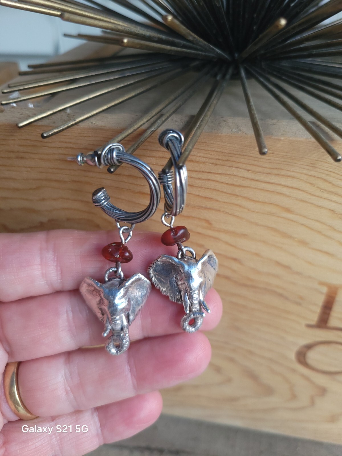 Susan Cummings Elephant Earrings Dangle Sterling Silver & Amber 2″ Long 1990s