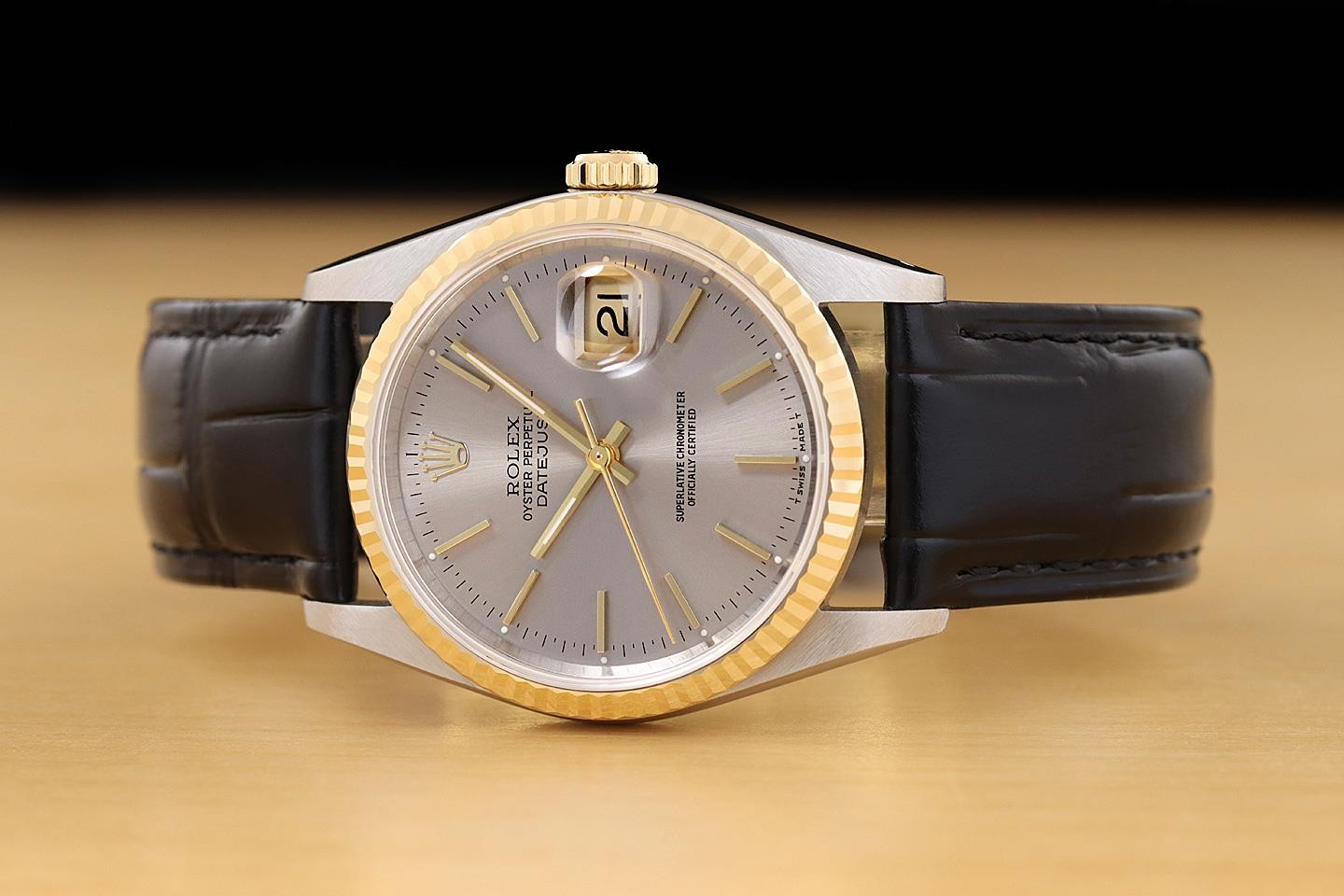 ROLEX MENS DATEJUST 16233 GRAY DIAL 18K YELLOW GOLD STEEL BLACK LEATHER WATCH