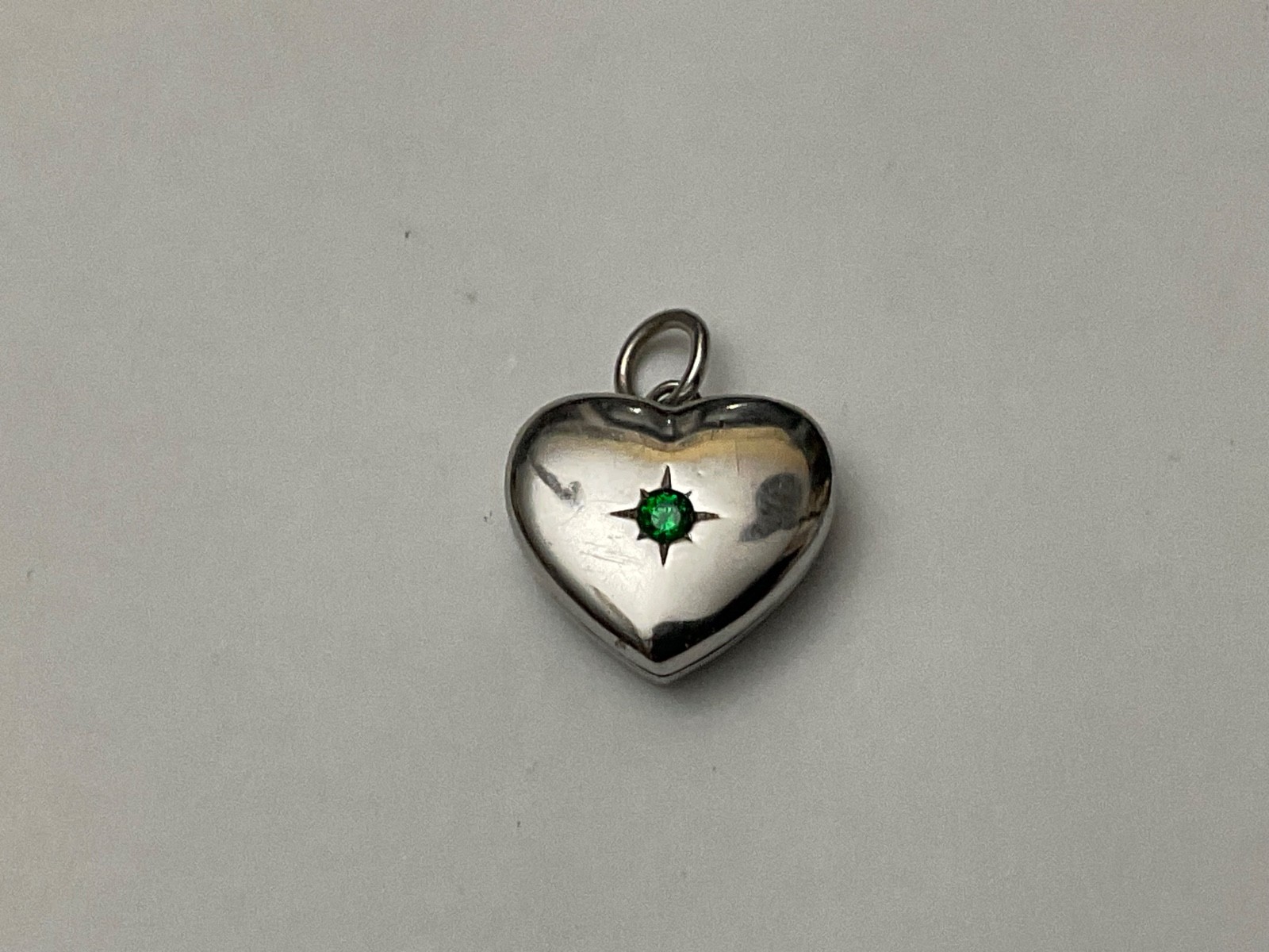 Sterling Heart Locket Pendant Signed YL 925 Rev. Emerald Gemstone