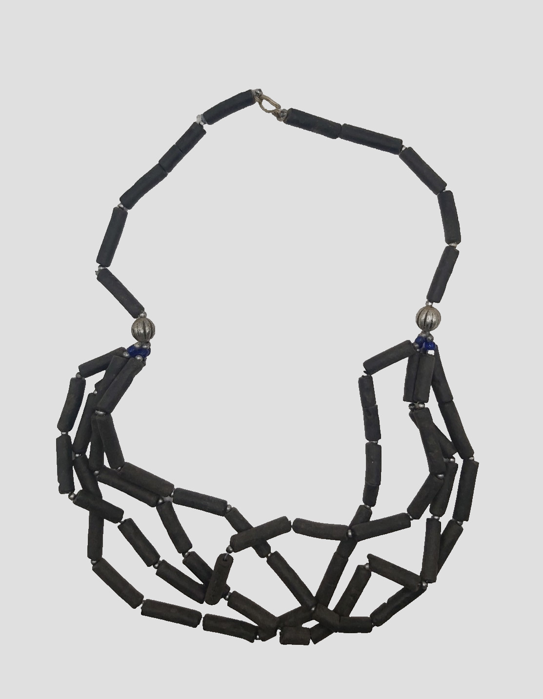 Vintage Berber Moroccan Trade Bead Necklace Black Tube Beads Multi Strand Ethnic