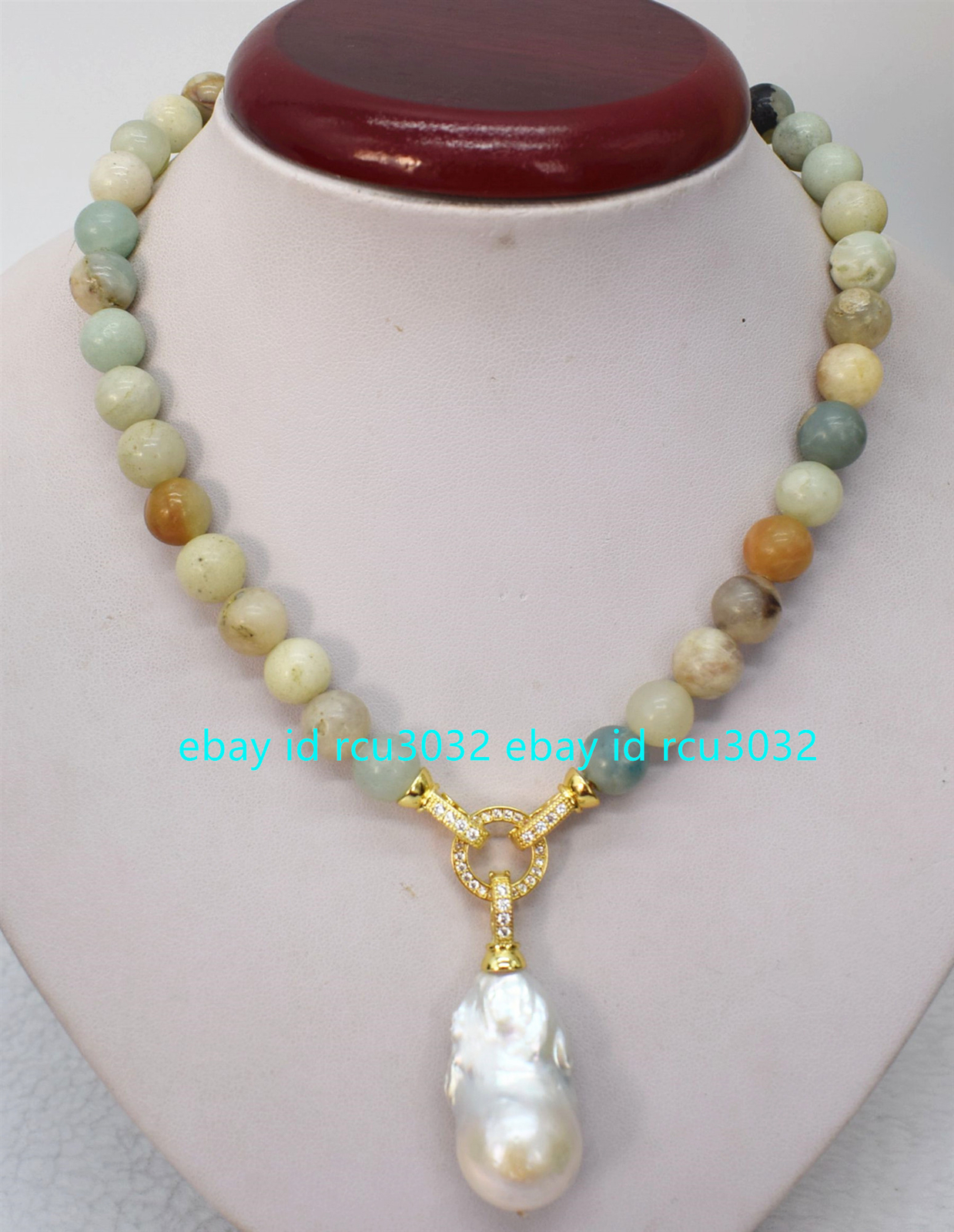 10mm Natural Multicolor Amazonite Gem White Keshi Baroque Pearl Pendant Necklace