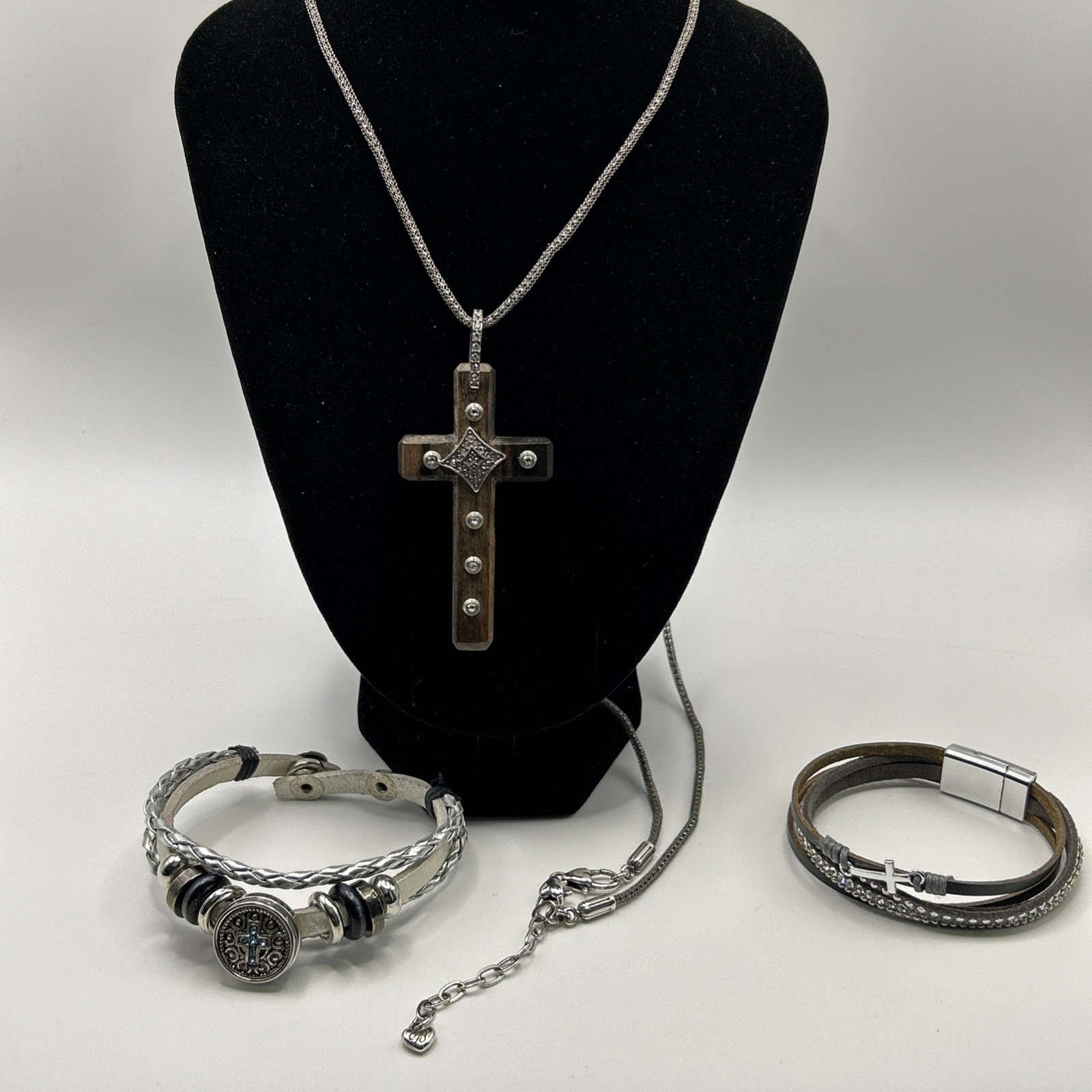 Brighton Byzantine Cross Necklace- silver chain- brown wood Cross – crystals