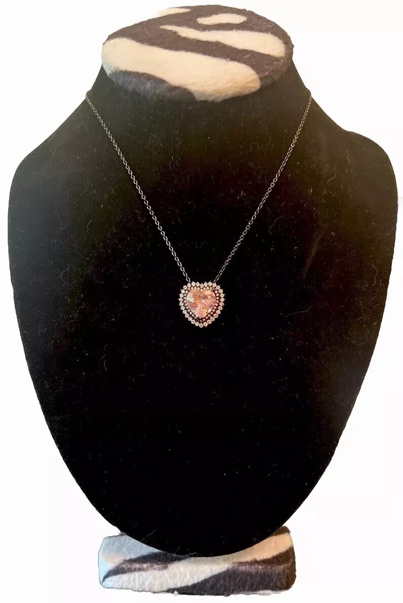 PINK HEART W/CLEAR CZ 925 BLACKENED STERLING SILVER NECKLACE 7.75-9.75”