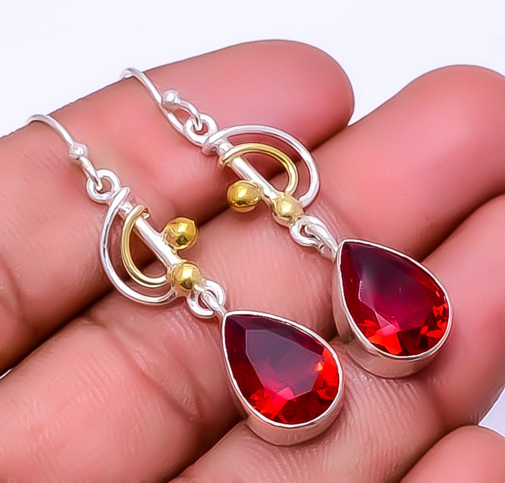 Red Garnet Gemstone 925 Sterling Silver Two Tone Earrin 1.95″ E_9322_106_36
