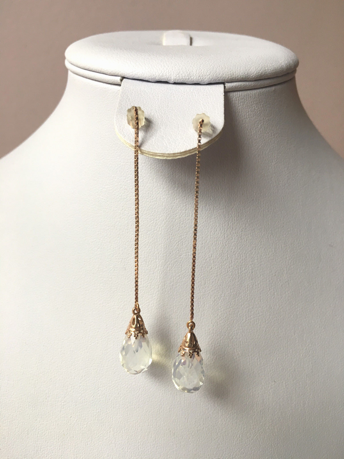 14K PINK ROSE GOLD MOONSTONE THREADER PULL THROUGH CHAIN DANGLE DROP EARRINGS