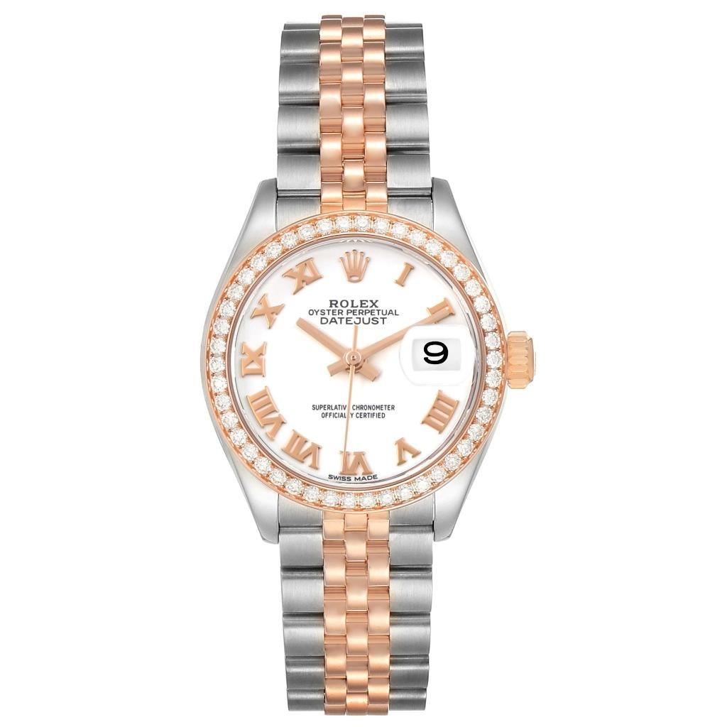Rolex Datejust 28 White Roman Dial Steel Rose Gold Diamond Ladies Watch 279381