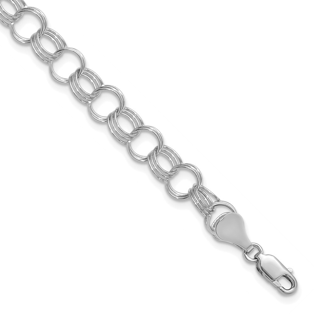 14k White Gold 7mm Solid Triple Link Fancy Charm Bracelet 7″