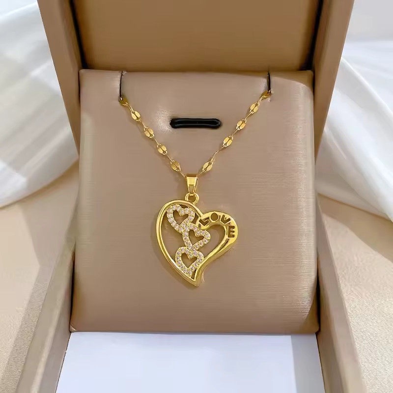 Trendy Heart Stainless Steel Zirconia Necklaces For Women Girls Love Gold Color