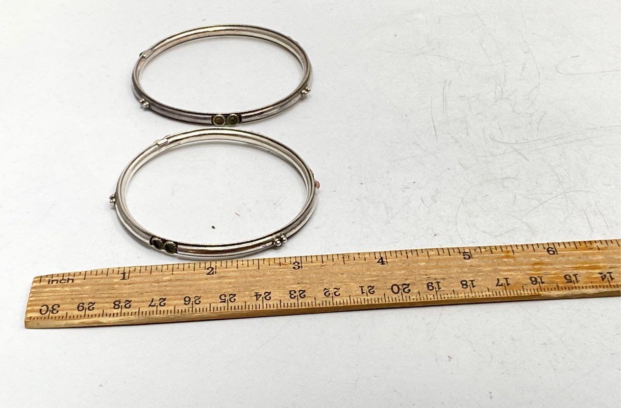Sterling Silver 925 Multi-Stone Bangle Bracelets Lot of 2 Stackable 7 1/8″ 20g