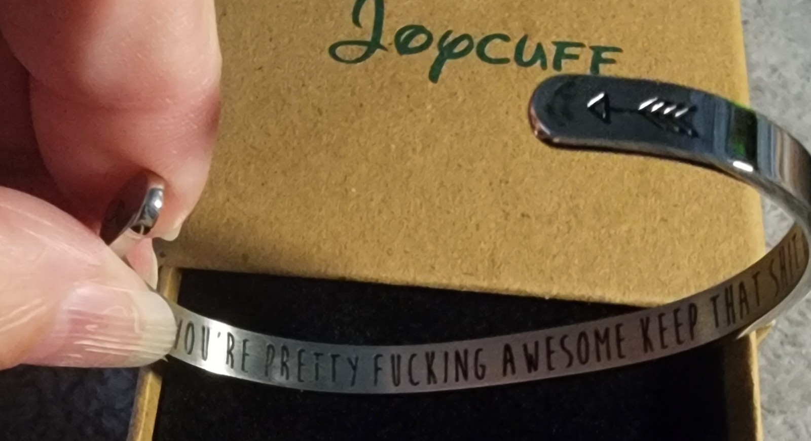 JopCuff Stainless Steel Silver Cuff Bracelet Engraved Quote Adjustable Signed