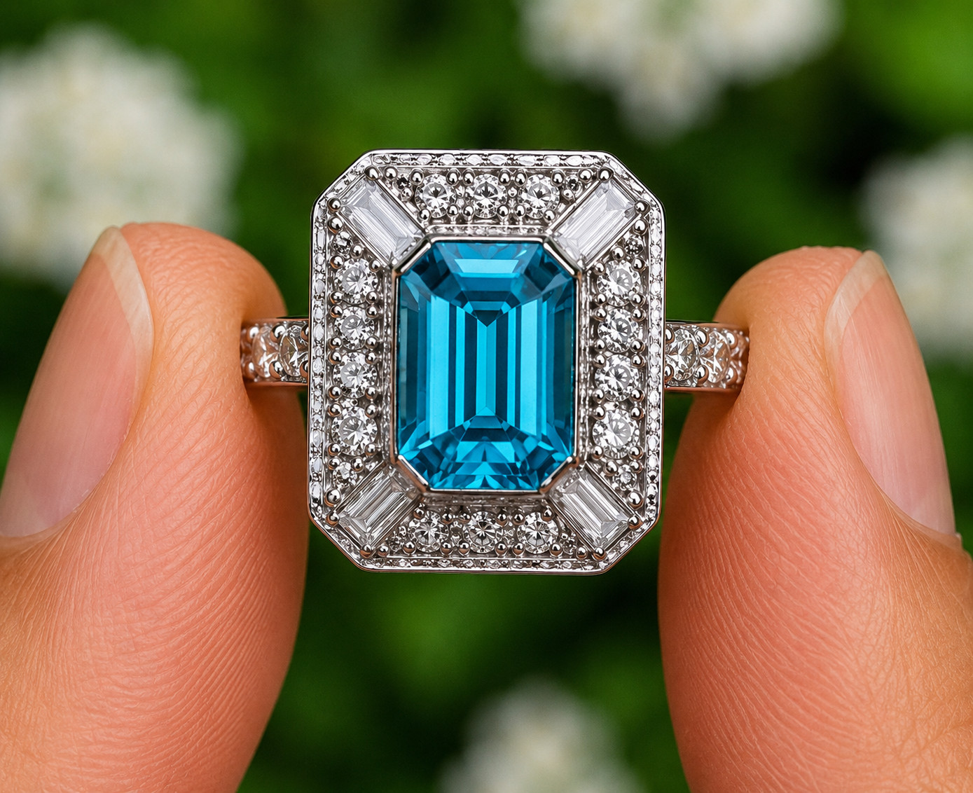 2.50Ct Emerald Lab Created Blue Topaz Halo Engagement Ring 14K White Gold Plated