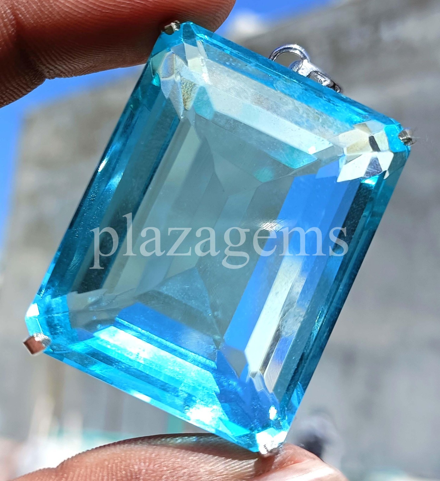 240 Ct Natural Sky-Blue Aquamarine Emerald Cut EGL Pendant 925 Silver Chain 6MGU