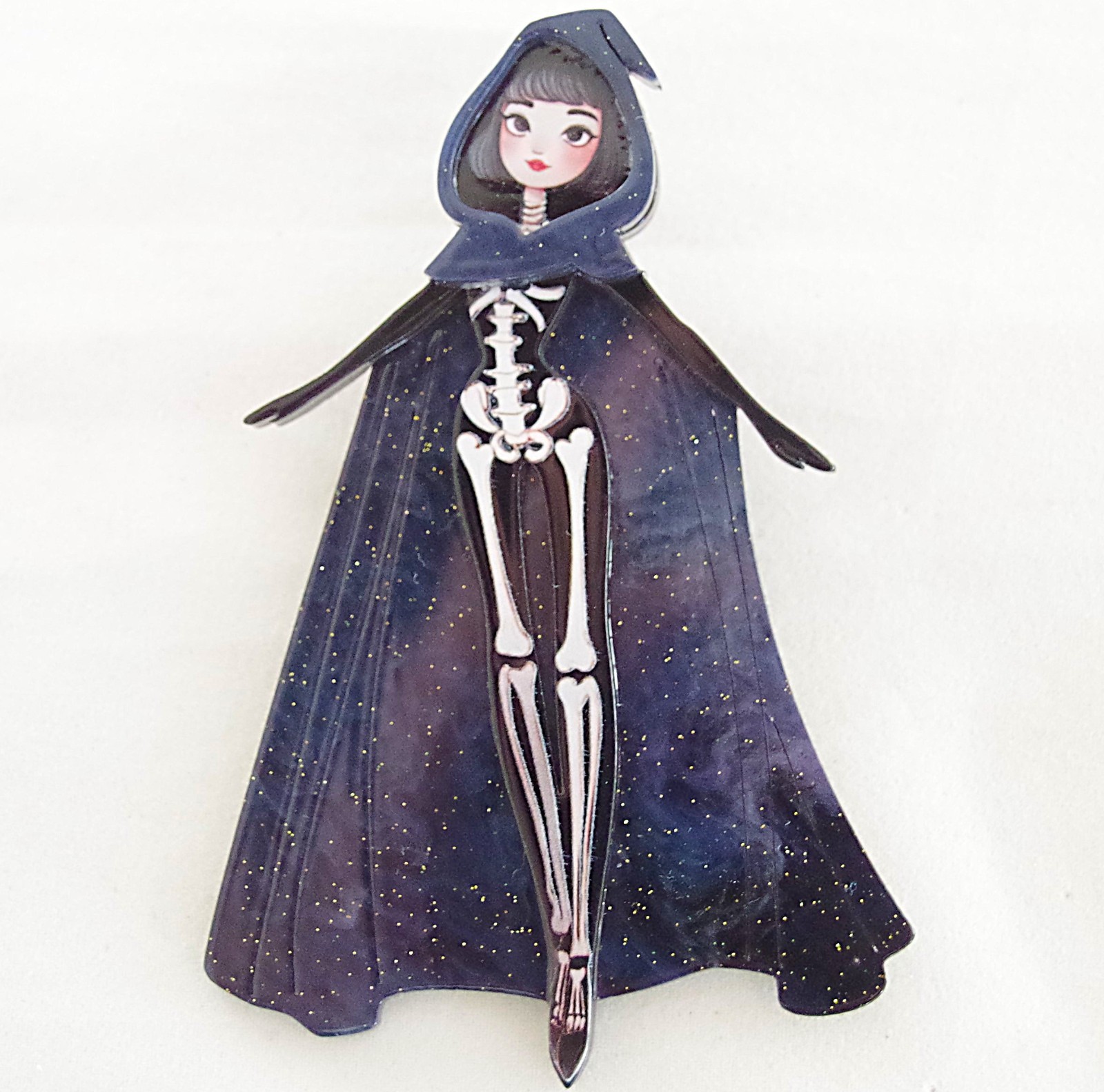 3.75″ NEW SKELETON ZOMBIE GOTH GIRL IN CAPE HALLOWEEN LAYERED ACRYLIC BROOCH PIN