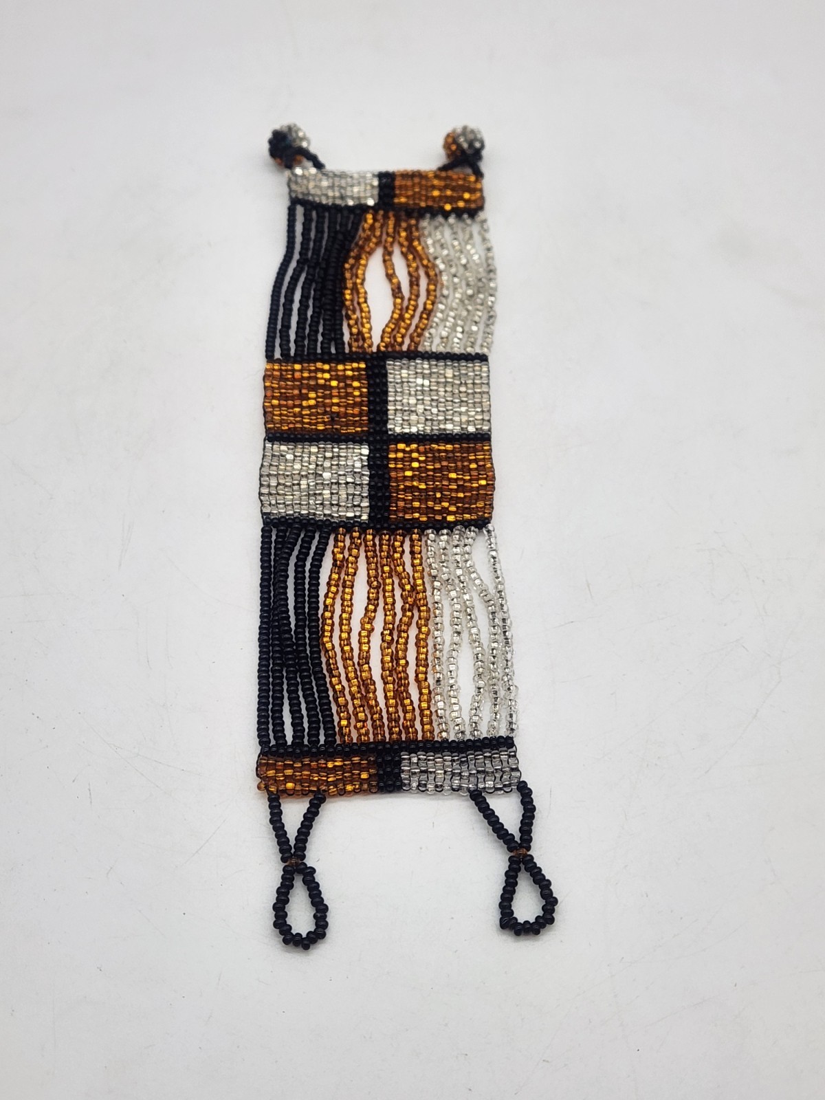 Black, Silver & Gold Woven Seed Bead Bracelet Geometric Pattern 7″