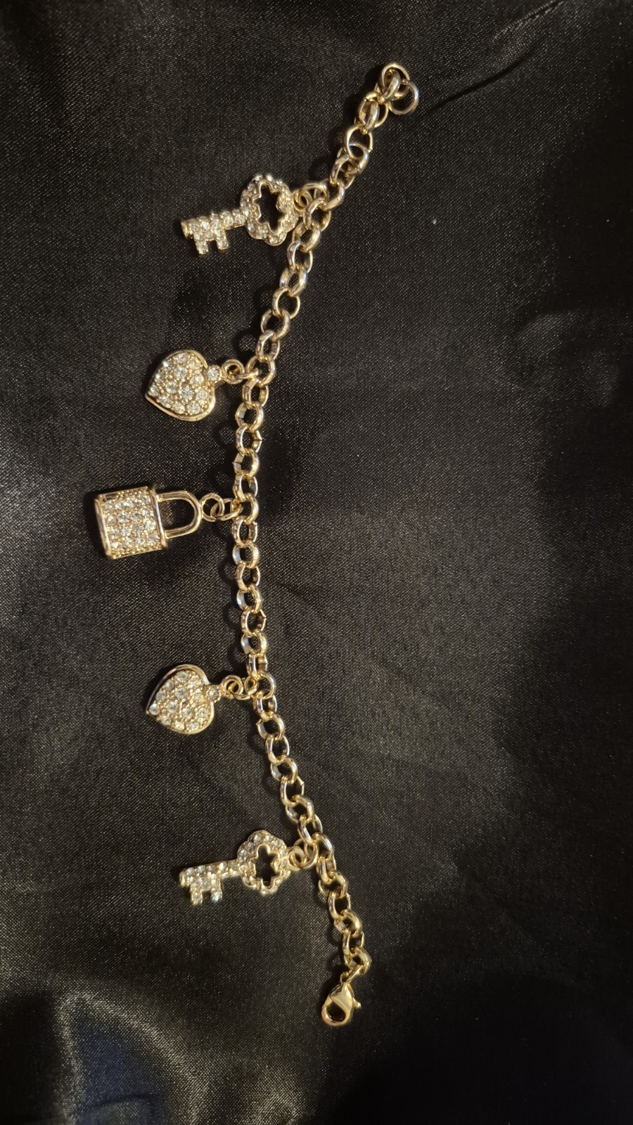 Fallon Jewelry Gold Tone Pave Rhinestone Lock Heart Key Charm Link Bracelet Vtg