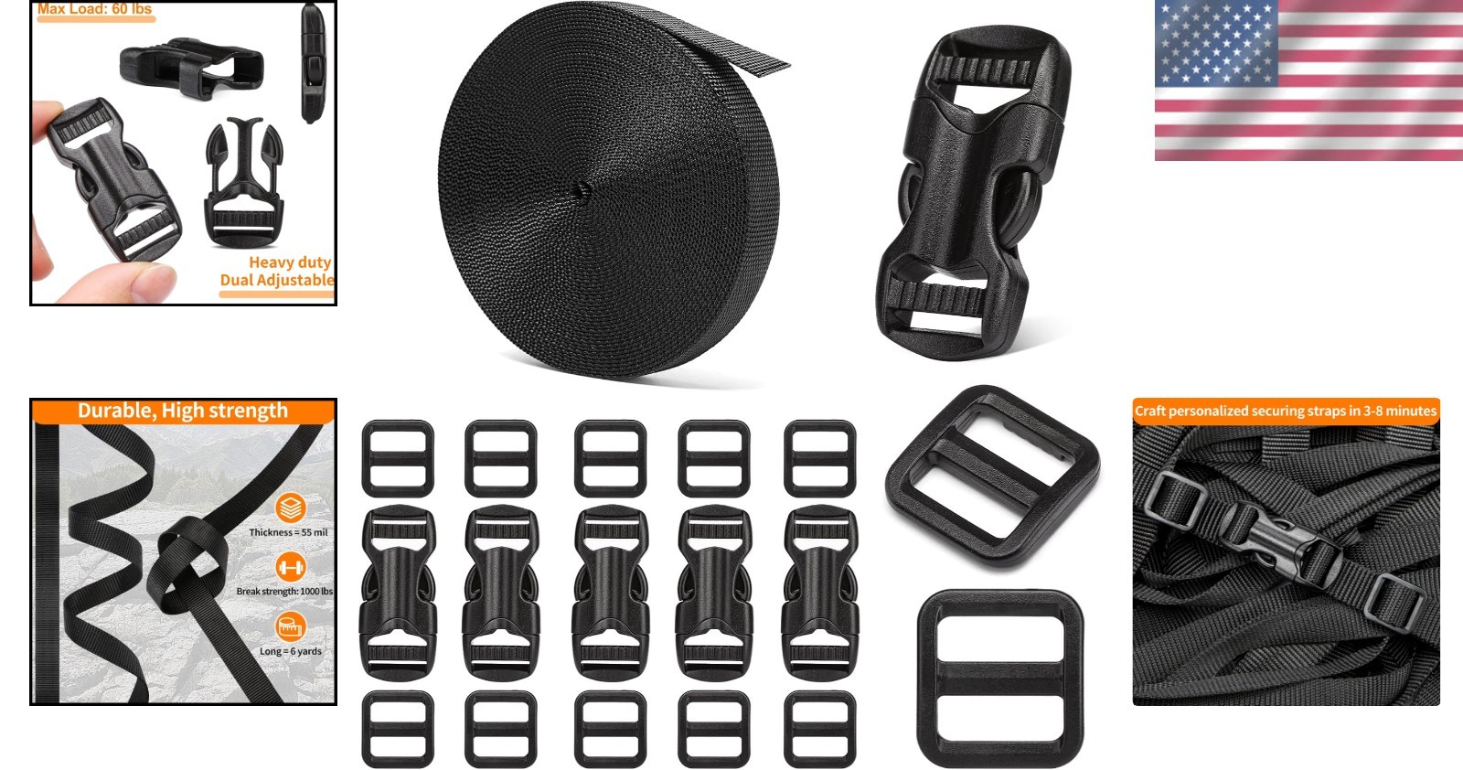 Complete 5/8″ Strap & Buckle Kit: 6 Yards Nylon, 6 Adjustable Buckles
