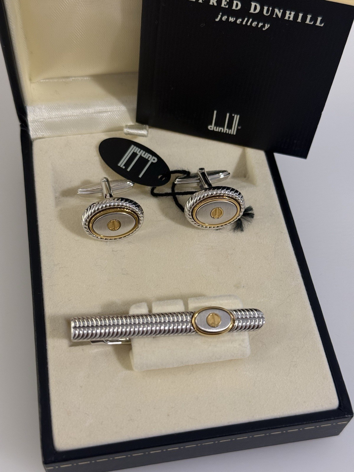 Dunhill Cufflinks & Tie Clip Set Two-Tone Silver Gold Tone Boxed