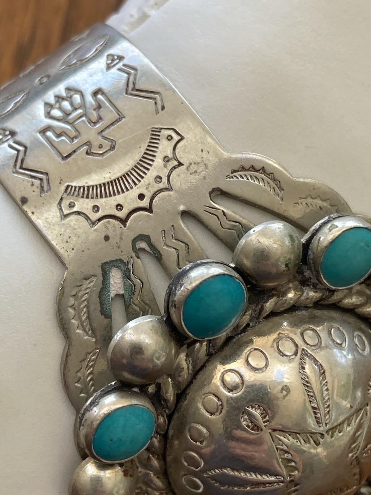 Vintage Bracelet Nickel Silver Faux Turquoise Cuff Stamped BELL TRADING POST