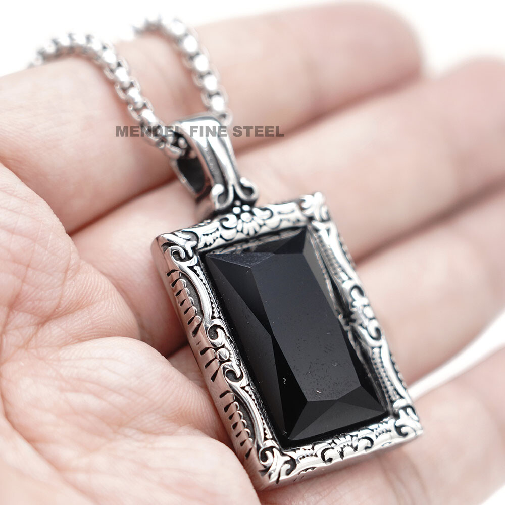 MENDEL Stainless Steel Mens Hip Hop Black Obsidian Stone Pendant Necklace Men