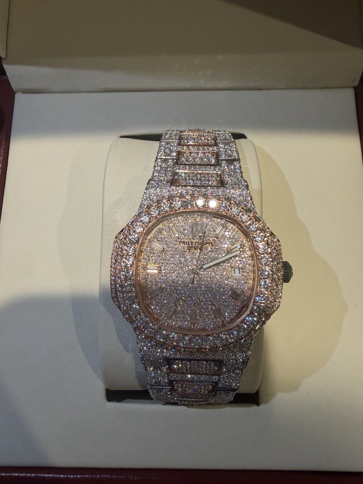 Men’s Full Iced Out Rose Gold & White Buguette Dial Automatic Watch