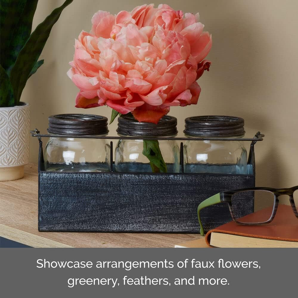 Three Glass Mason Jar in Metal Carrier Décor, Distressed Finish, 10.83X3.54X7.09