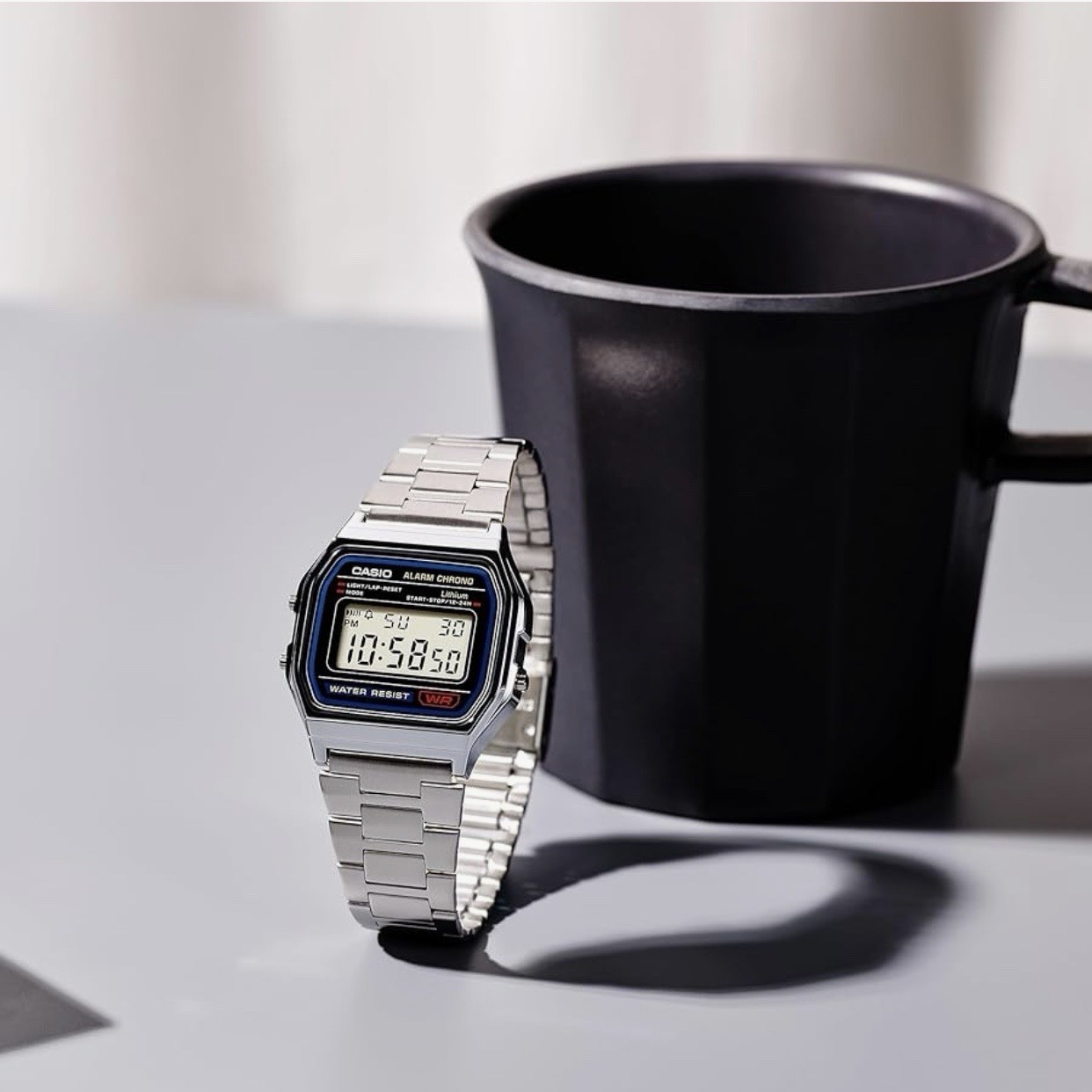 Casio A158 Digital Quartz Wristwatch Alarm Chrono WR Silver Stainless Bracelet