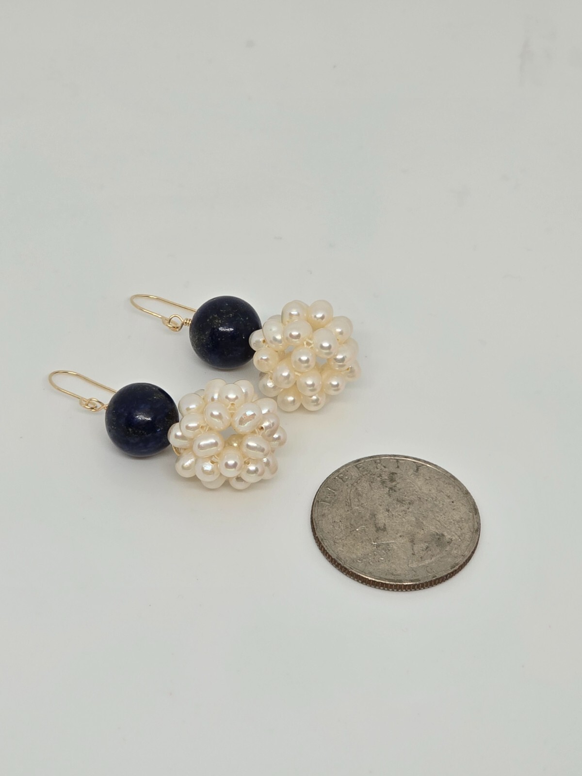 Lapis Lazuli and White Pearl Dangle Earrings 14k Yellow Gold or Sterling Silver
