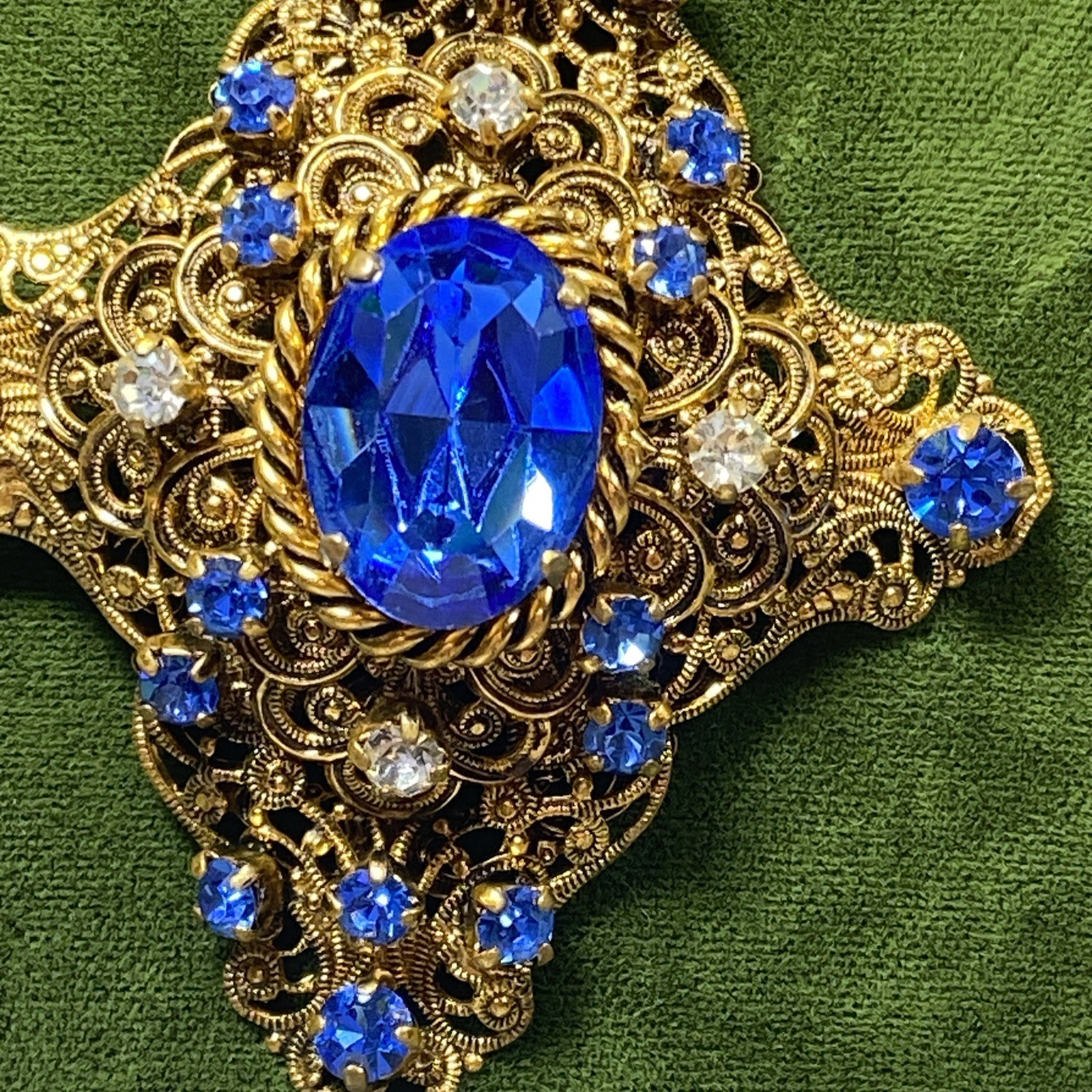 VTG West Germany Blue Rhinestone Filigree Pendant 26″ Necklace 3.25″ Czech Glass