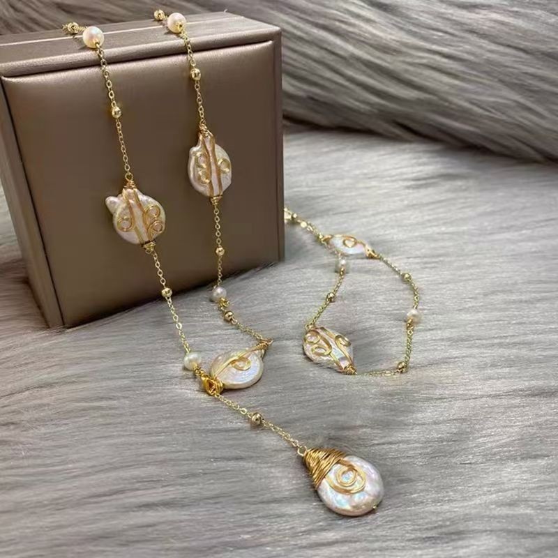 Cultured Baroque Irregular Pearl Blue Murano 14K Gold Chain Long Necklace
