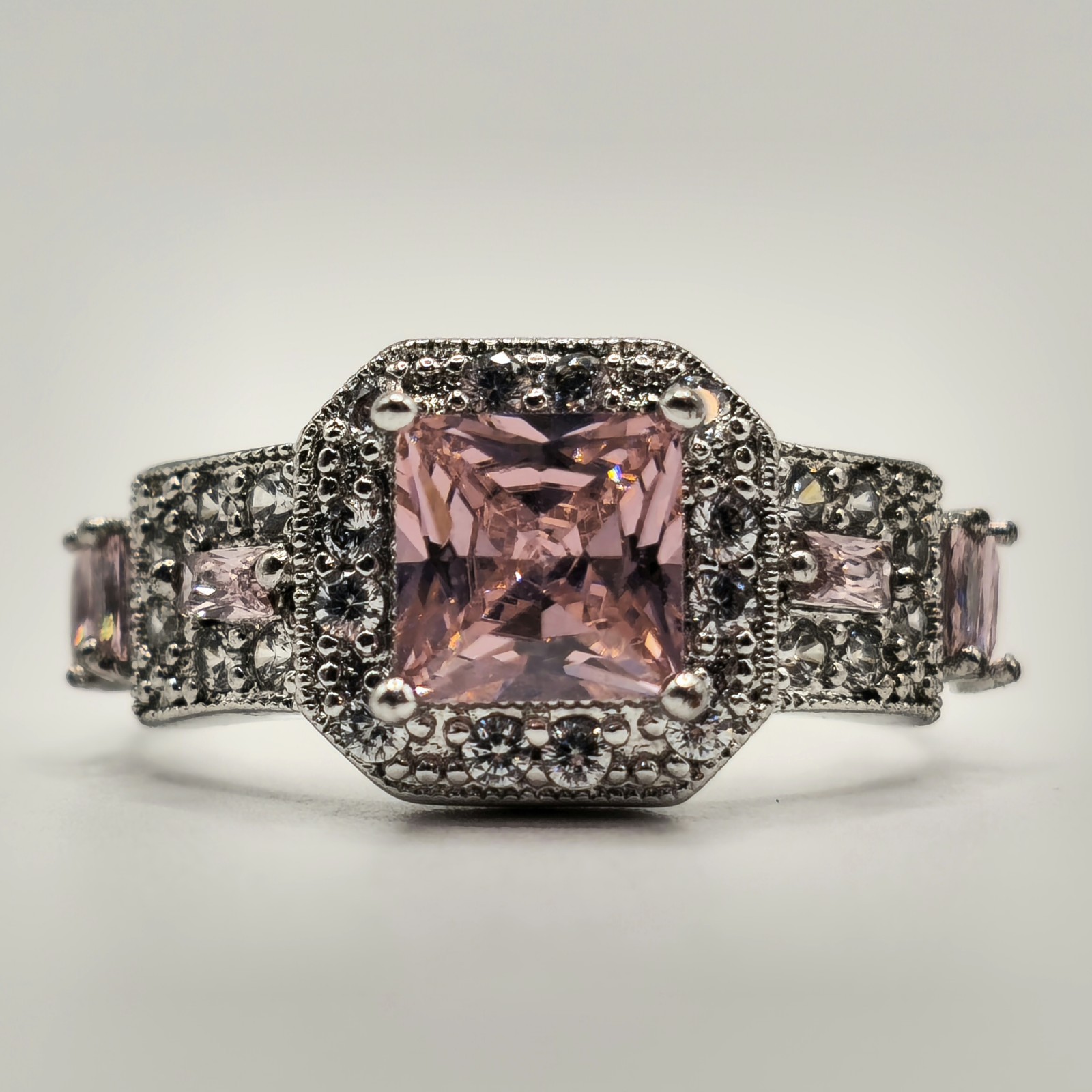 Pink Emerald Cut Halo Ring 925 Sterling Silver Statement Size 7 CZ Accent