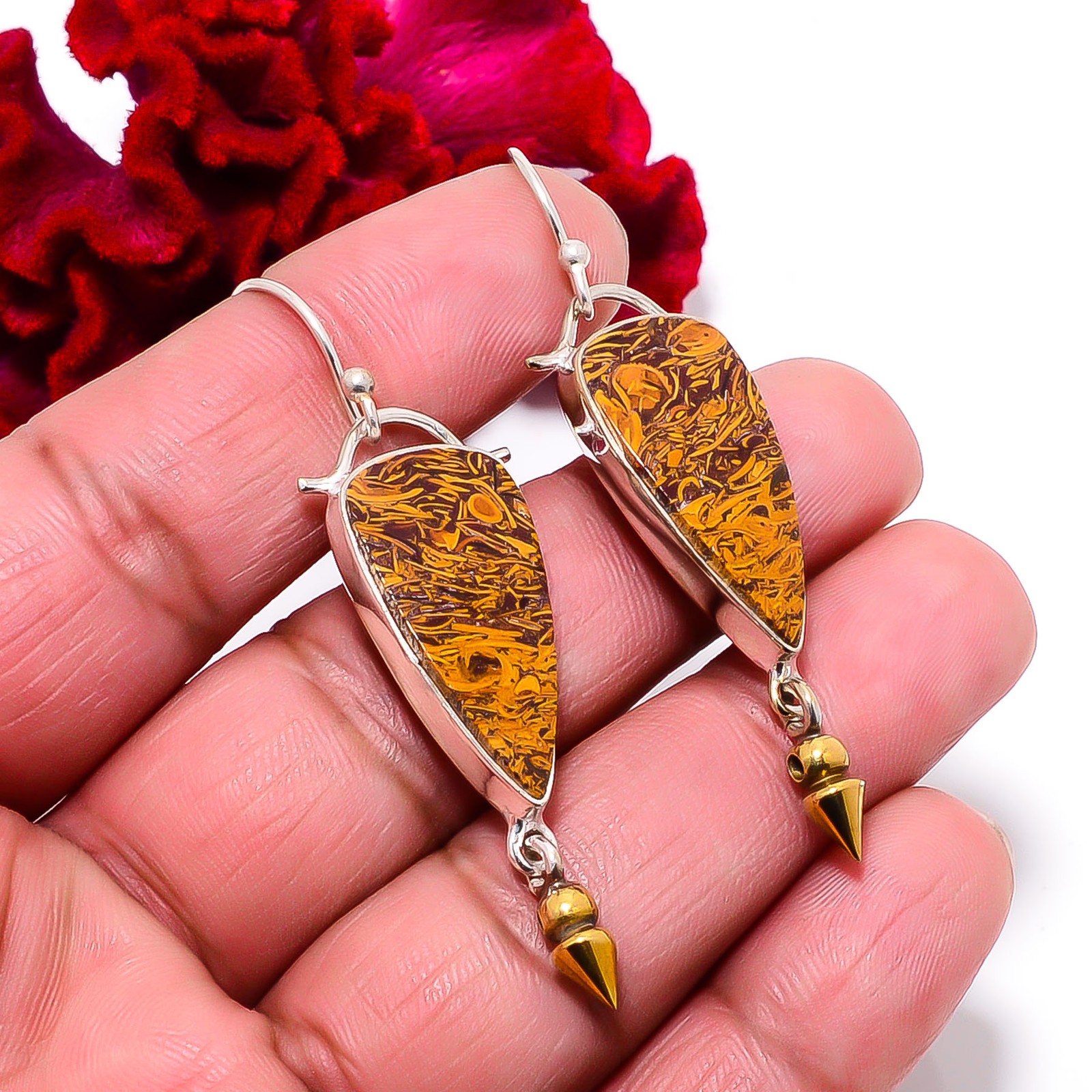 Natural Mariam Jasper 925 Sterling Silver Two Tone Arrow Head Earring 2.34″ E945