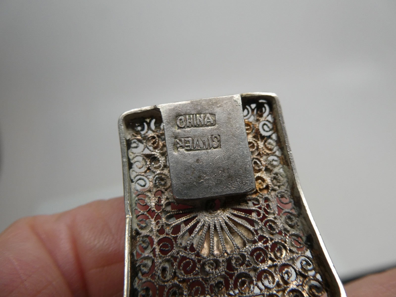 Vintage Chinese Export RARE Coral Lion Enamel Gilded Silver Bracelet Size 6.5″
