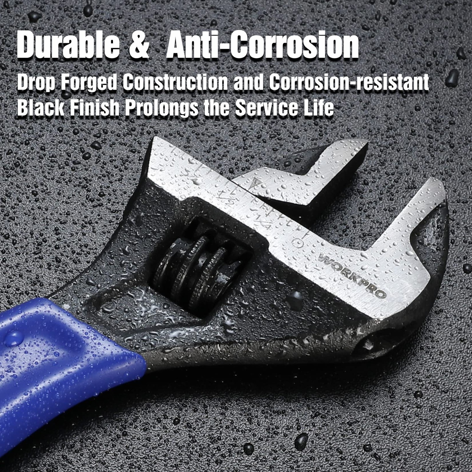 WORKPRO 6-Inch Adjustable Wrench, Wide Jaw Cr-V Steel Black 6 inch, Blue