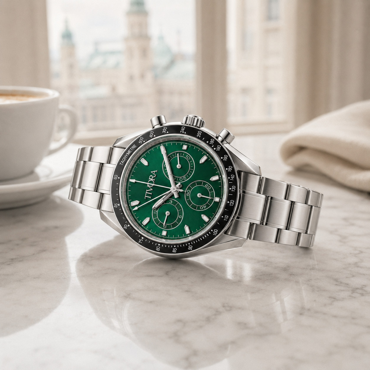 TÍVORÁ Veyron Argent Steel Irish Emerald Dial – Custom Branded Automatic Chronog