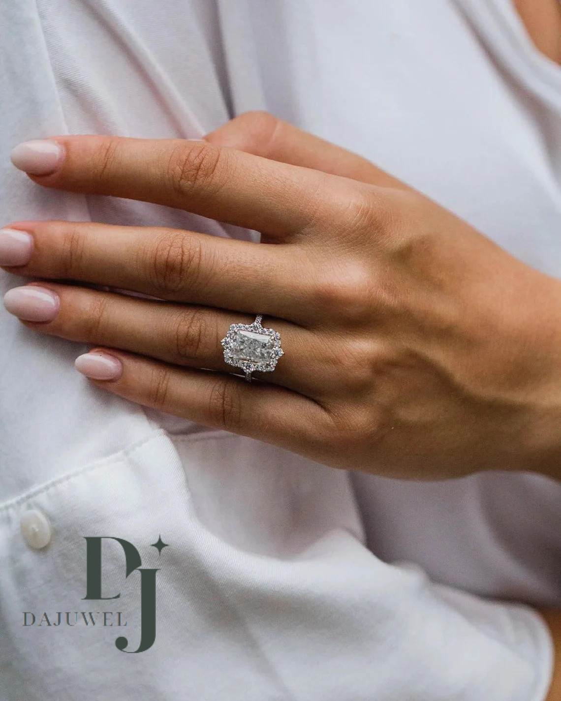 F/VVS1 Moissanite Halo Engagement Ring Solid 14K White Gold 2.50 CT Radiant Cut