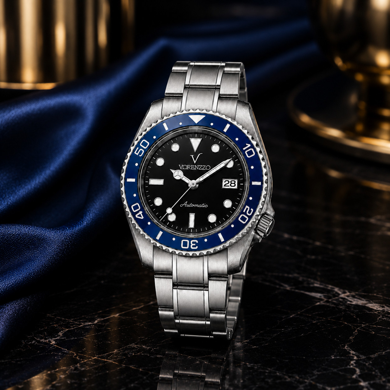 VORENZZO Automatic Diver Watch Sapphire Crystal Black Dial Blue Bezel