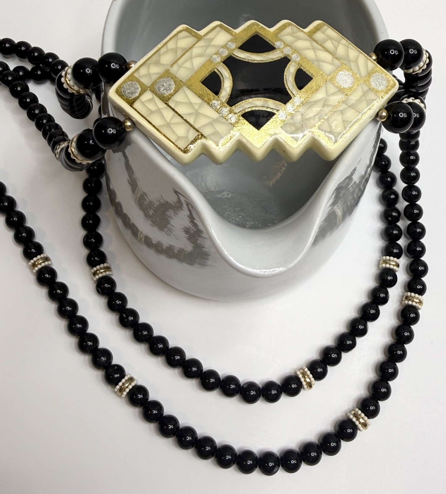 Vintage Japan Black Bead Double Strand Necklace Chunky Geometric Art Deco Style