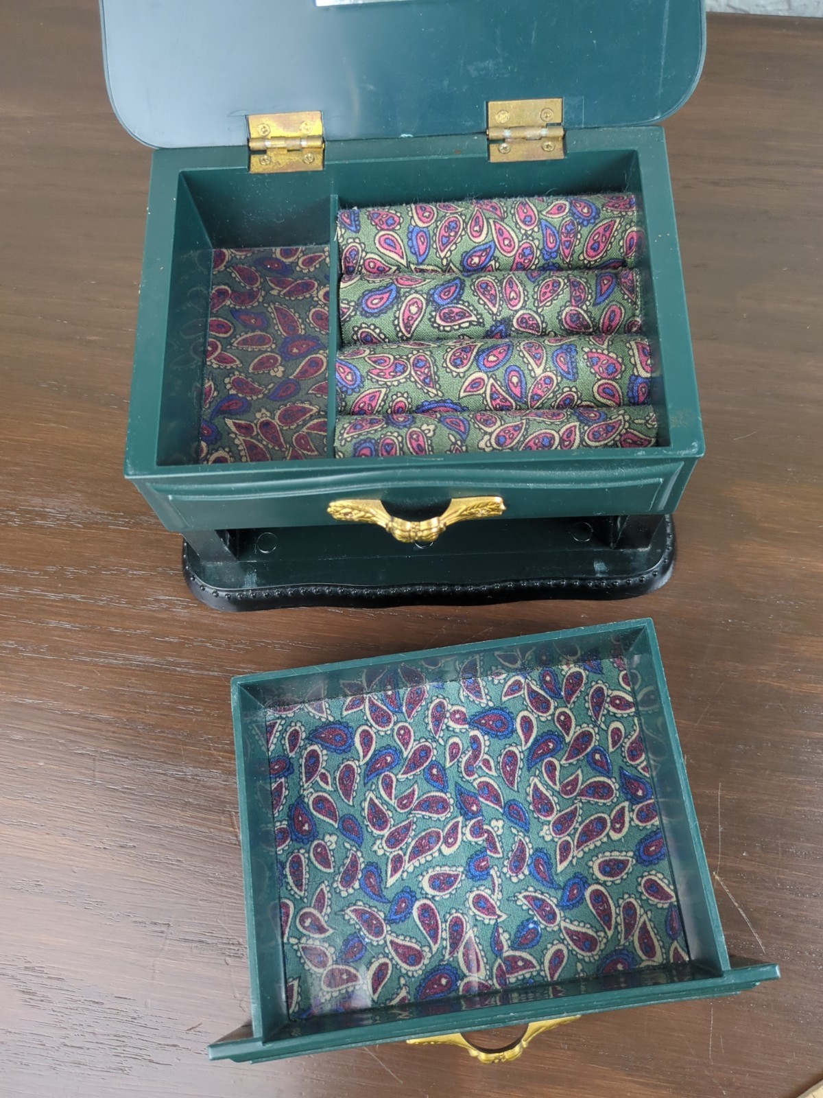 Plastic Table Top Dresser Drawer Jewelry Box Dark Green Gold Florals Paisley Fab