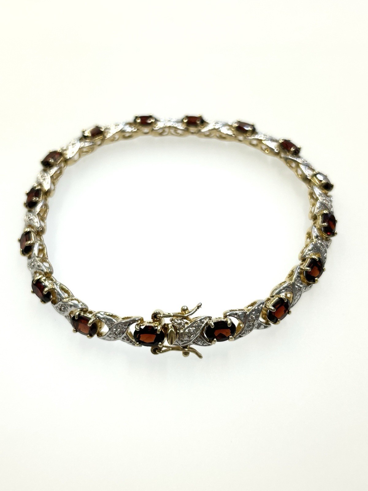 Vintage Sterling Silver Gold Toned X’s & O’s Bracelet With Red & Clear Stones