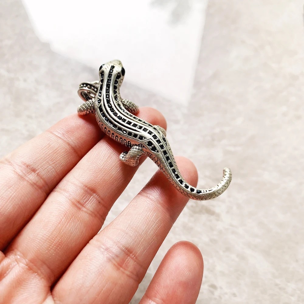 Lizard Black Onyx Pendant 925 Sterling Silver 2.6 Inch Long