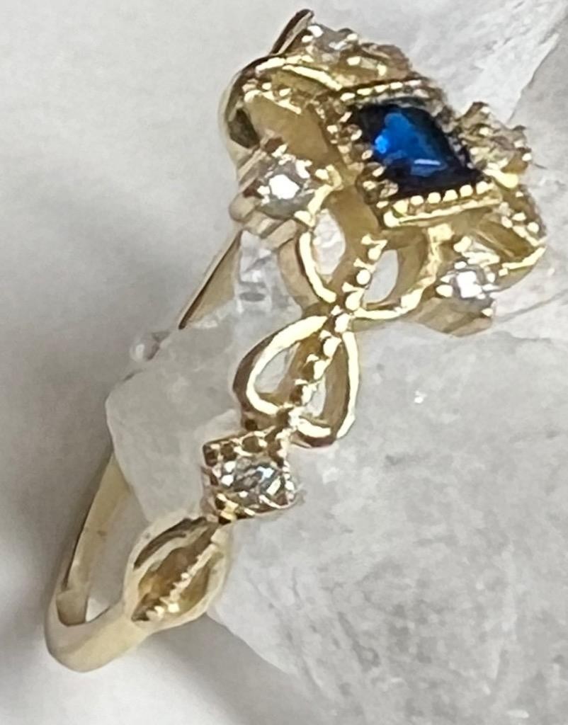 Real Blue Sapphire & Diamond 14K Y Gold on SOLID 925 Ring SZ 8 1/4 Victorian Rev