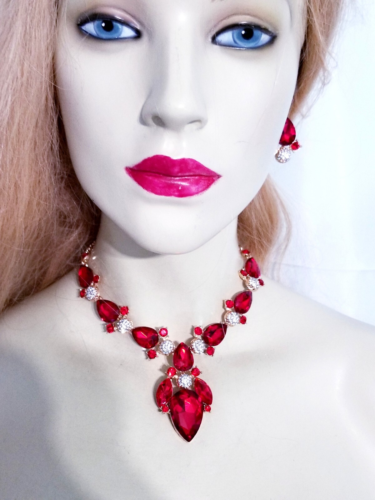 Red Crystal Choker Rhinestone Necklace Earring Set Bridal Prom Pageant