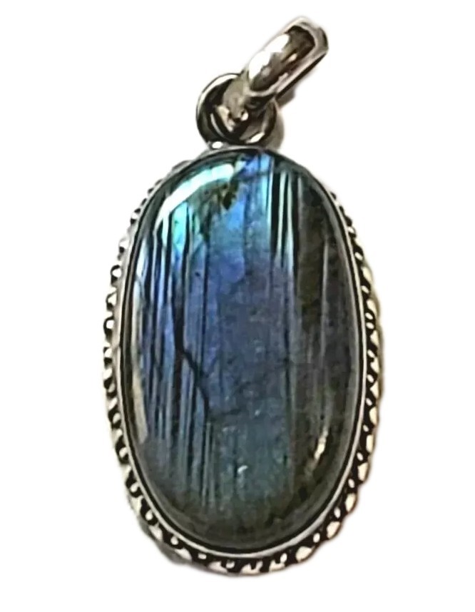 Labradorite Pendant Sterling Silver 2 Inch Oval Blue Green Gemstone Mysterious