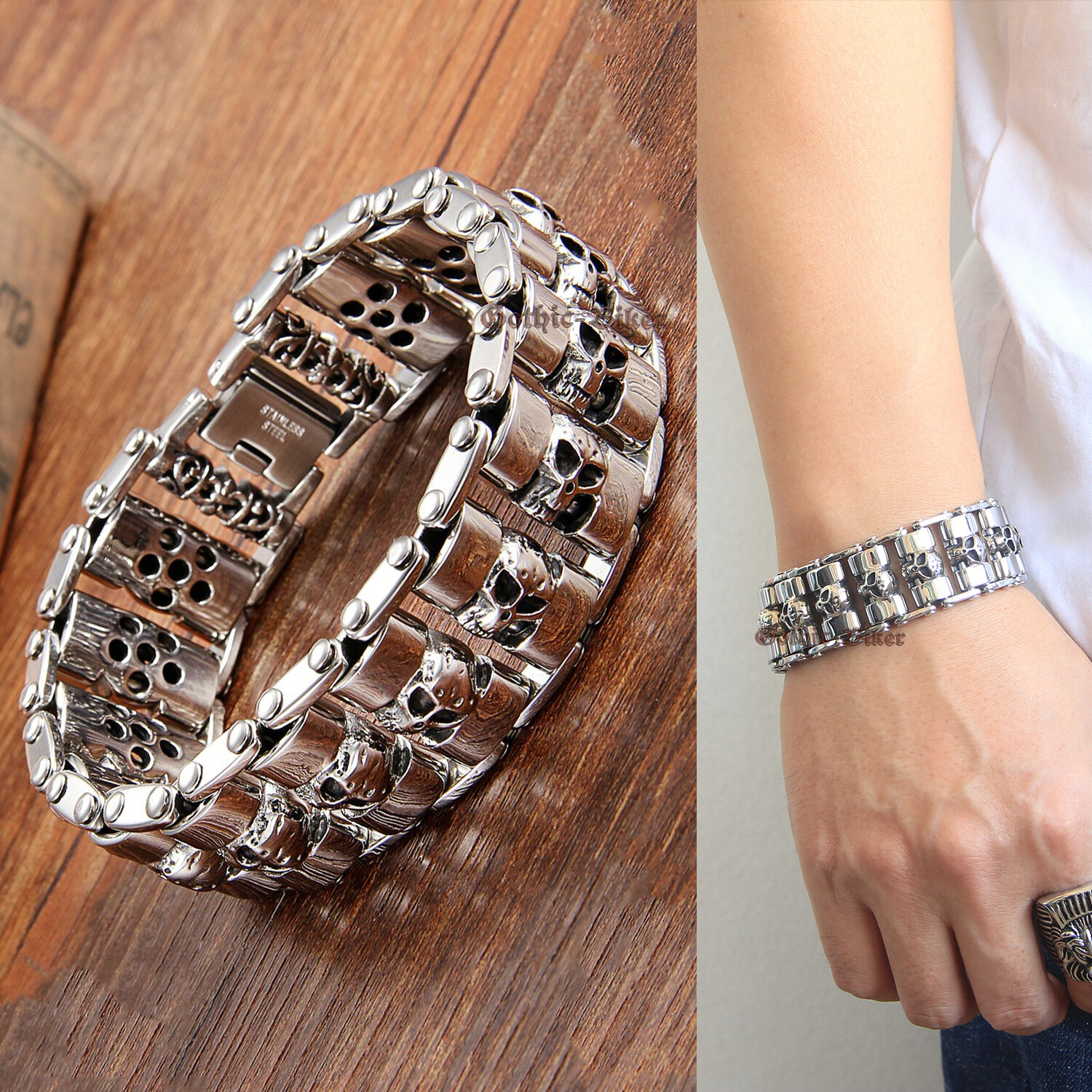Men Heavy Skull Biker Bracelet Gothic Stainless Steel Motorcycle Chain 7.1-9″(L)